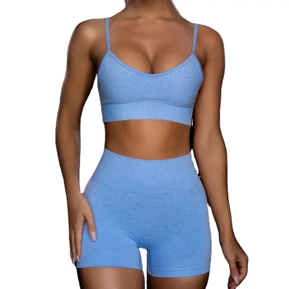 Wholesale 2 Pcs Sport Yoga Short Set Fitness Clothing Wear Seamless Hemp Sport Bra Gym Sportswear Running Leggings Women Set