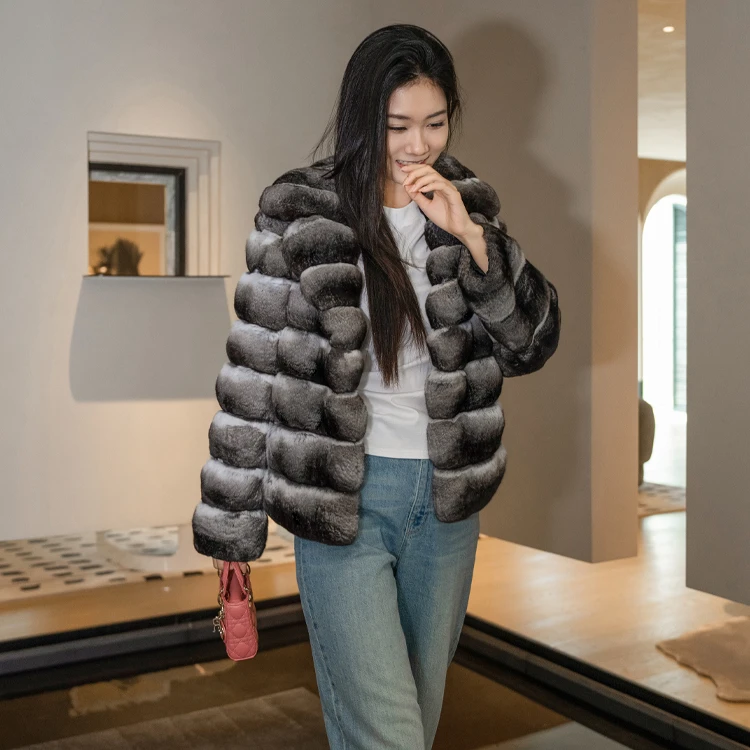 Hot Sale 100% Genuine Chinchilla Skin Luxury Fur Coat Black And White Striped Thick Real Chinchilla Fur Coats Women