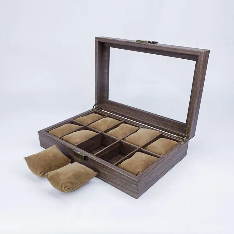High-Grade Wrap Wooden Texture PU Leather Watch Box With Glass Window 10  Slots Watches Storage Cases