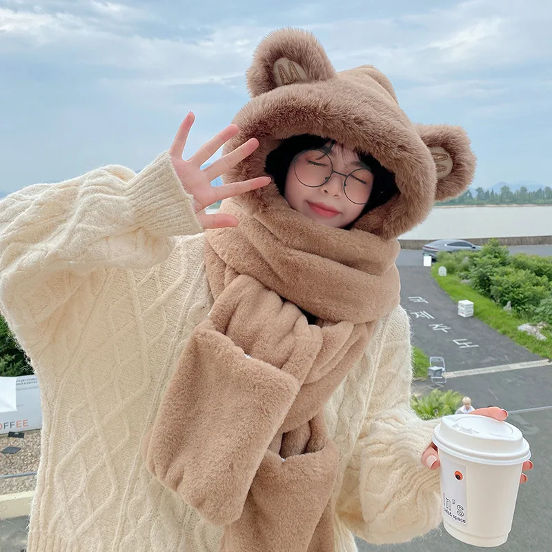 Wholesale Plush Cute Bear Women Hat Autumn Winter Warm Ladies Girls Scarf Gloves Hats Three Pieces Set