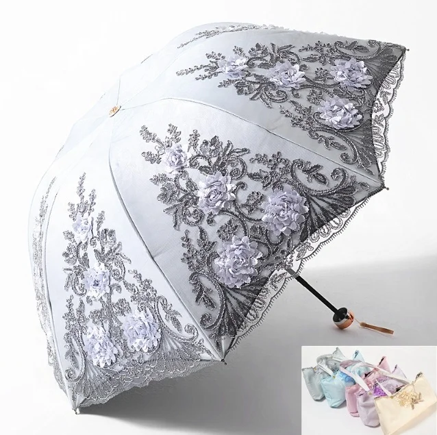 2024 hot seller vintage lace sun umbrella folding 3D flower embroidered lady umbrella outdoor parasol umbrella