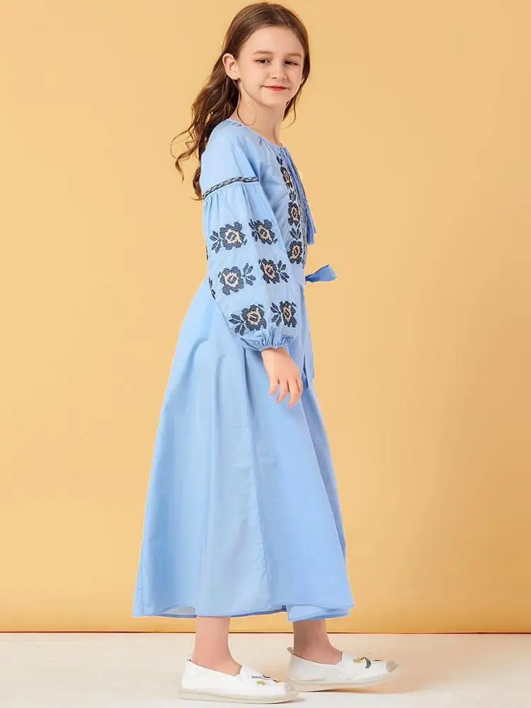 cheap wholesale child light blue lacing up muslim dress dubai kids clothes long sleeve dress