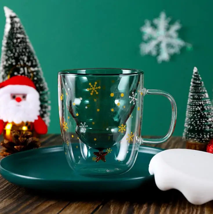 Christmas custom unique reusable double walled drink juicy borosilicate glass coffee cup with lid
