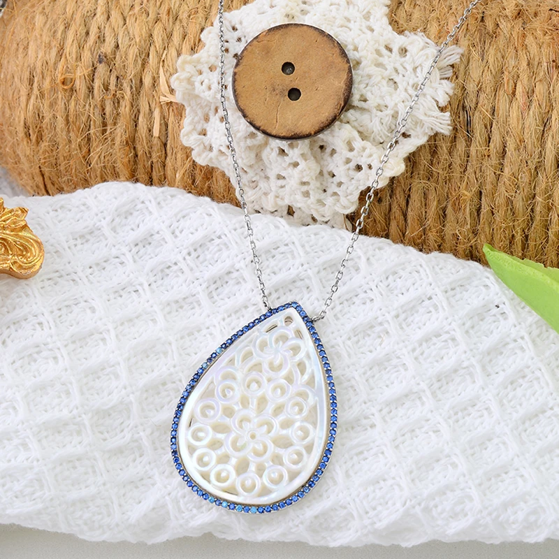 Ladies Classic Jewelry Natural White Shell Water Drop Hollow Shape Pendant 925 Sterling Silver Necklace Chain