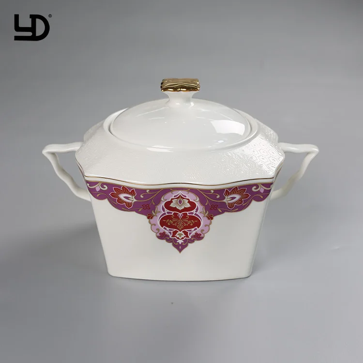 Royal Luxury Ceramic Tableware Dinner Set White Porcelain Embossed Dinnerware With Gold Purple Decal