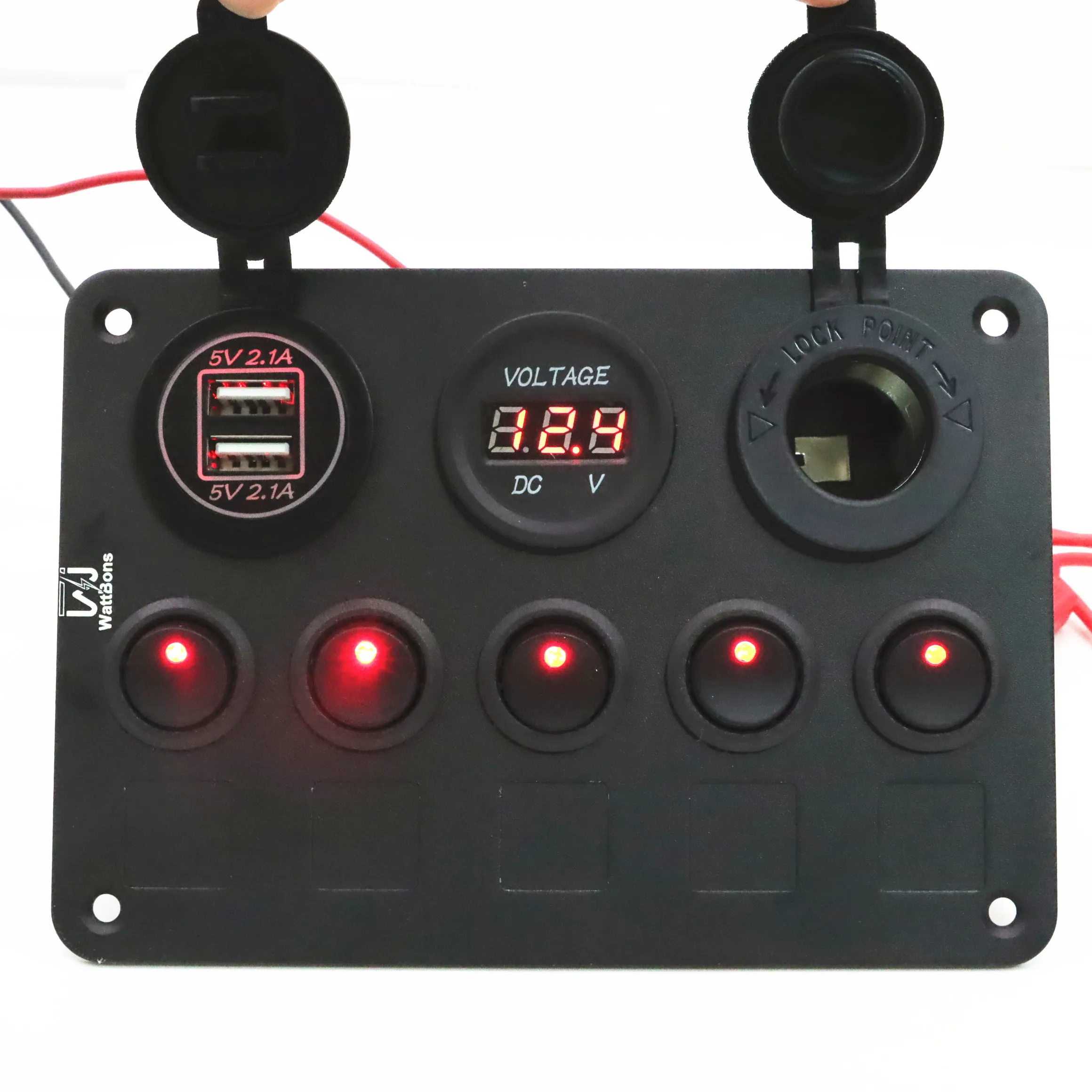 WattBons 5 Gang Rocker Switch Panel Pre-Wired Aluminum Switch Panel with Dual USB Cigarette Lighter Socket Voltmeter 12V-24V
