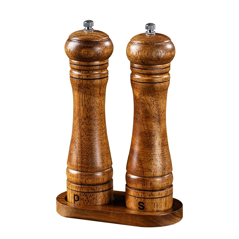 EU Standard Kitchen Tool Wooden Salt and Pepper Grinder Mill With Wooden Tray