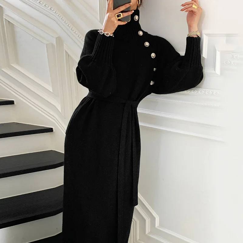 2022 Fashionable lady New arrival long sleeve loose fit with belt  button decorative turn down collar neck sweater dress
