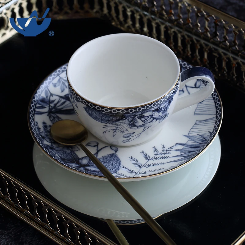Hotel Restaurant Fine Bone China Printed Tea Cup And Saucer Set Coffee Cup With Saucer