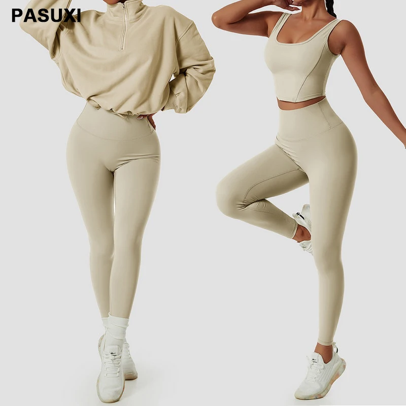 PASUXI Wholesale Fitness Clothing 3 Piece Women Gym Yoga Wear Set Workout Seamless Long Sleeve Sports Suit