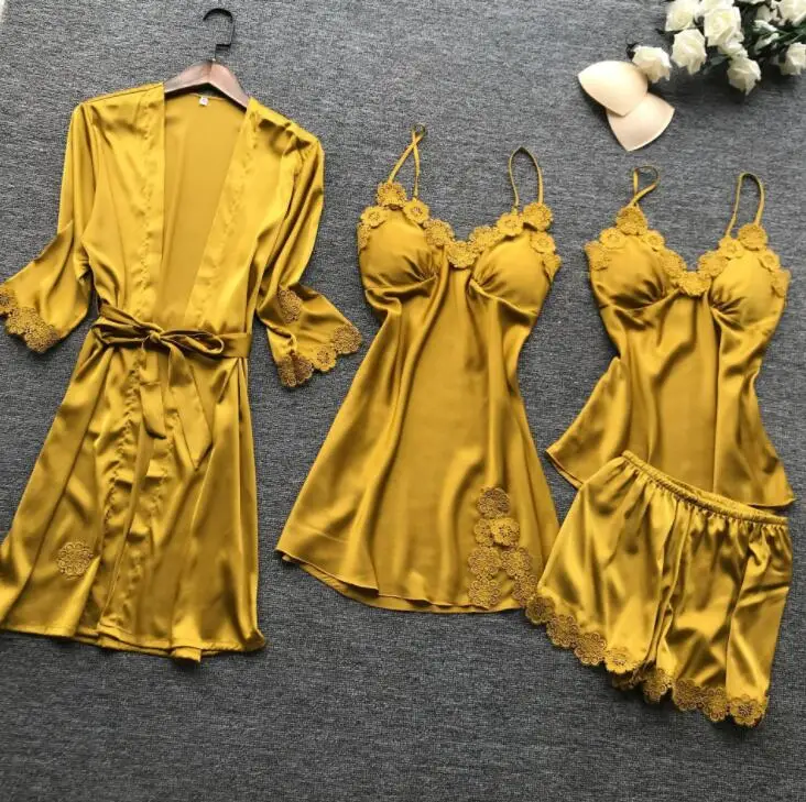 Hot new retail products four pieces sets women summer homewear bridal robe silk