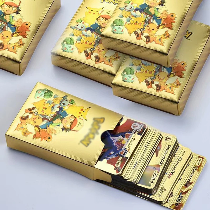Wholesale Popular 55pcs/box Foil Poke Mon Card English French Spanish Germany Gold Foil Pokemoned Game Card