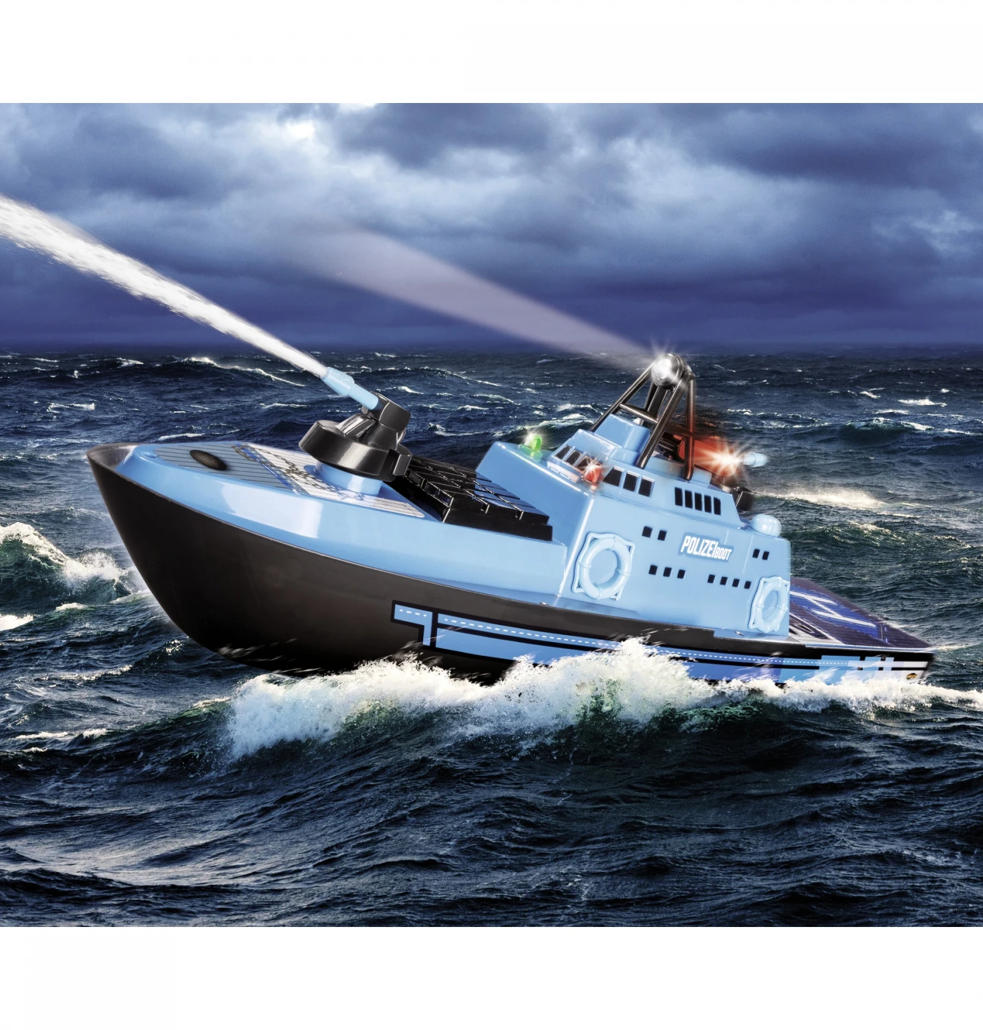 Dwi Dowellin 2.4G RC Police Boat with One-Button Water Spray, with LED Light