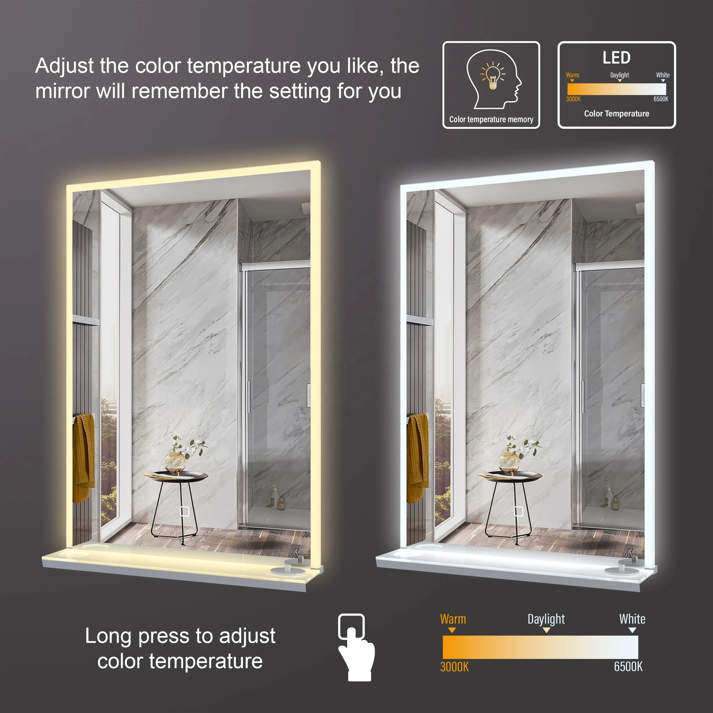 Smart Bathroom Mirror with Phone & Toothbrush Charger / Double Sided LED Mirror with Shelf