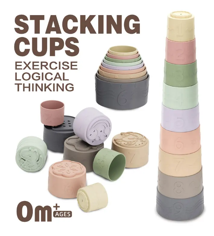 Educational Shower Toys Nesting Cups STEM Number Learning Pattern Silicone Teething Soft Building Blocks for Baby
