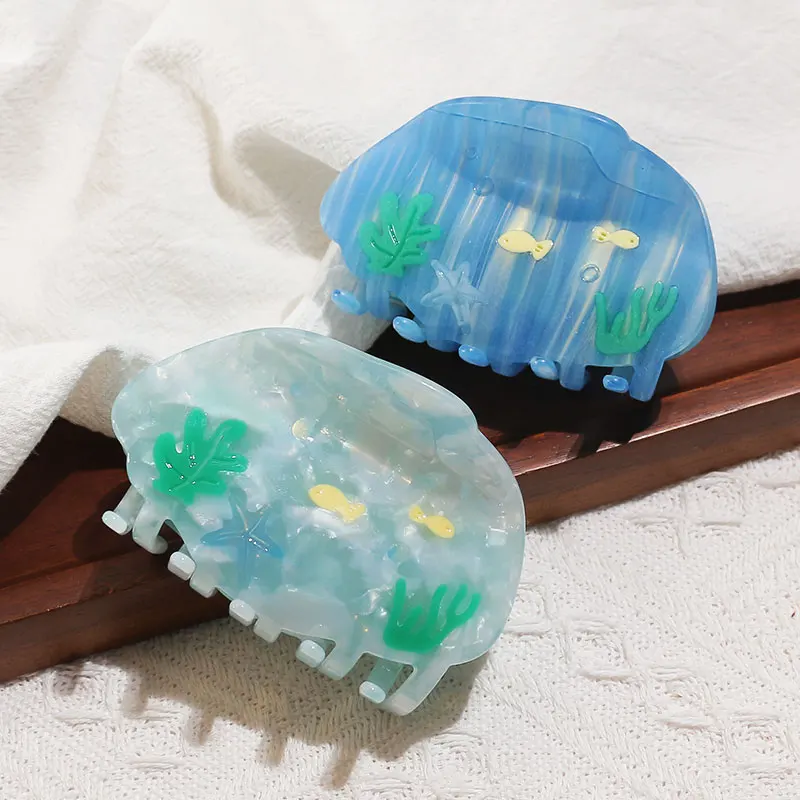 XinMei fancy korean sea claw hair clips bulk cellulose acetate blue ocean hair clip aquarium fish claw clip for women hair 8.5cm