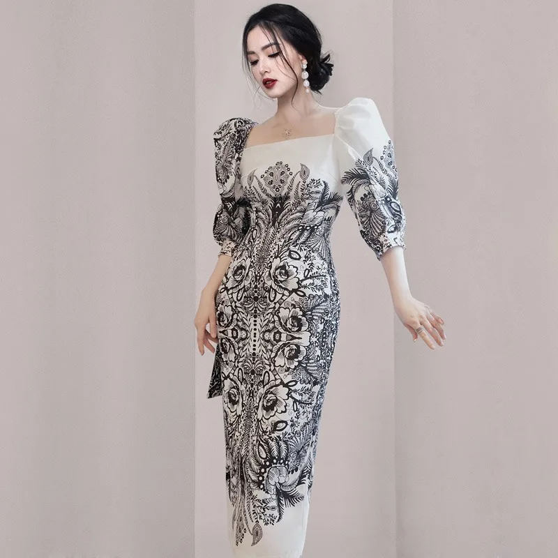 2022 summer new temperament square collar stitching lotus leaf print long skirt slim dress female HN0551062