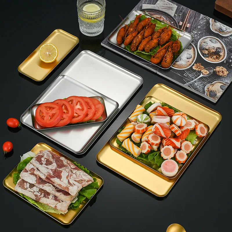 304 Silver Square Stainless Steel Rimless Plate Flat Bottomed Snack Coffee Tray Meal Tray Dishes Plates Flat Bottomed Tray