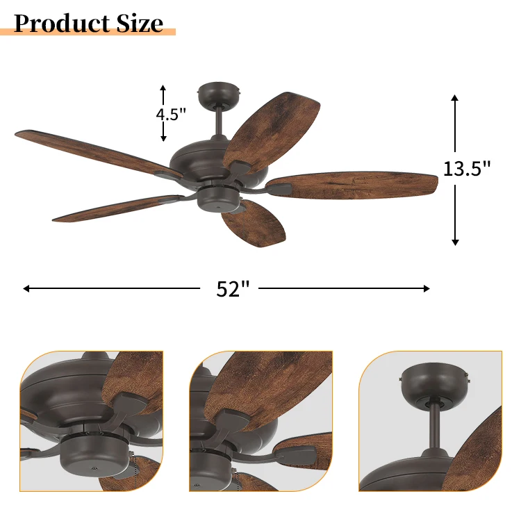 Nordic Style Silent Brushed Nickel Housing 52Inch Decorative Residential Wooden Ceiling Fan Without Light