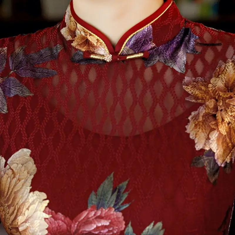  Китайские современные модные длинные Cheongsam элегантный половина рукава Qipao кружевных тканей платье для женская обувь свадебной