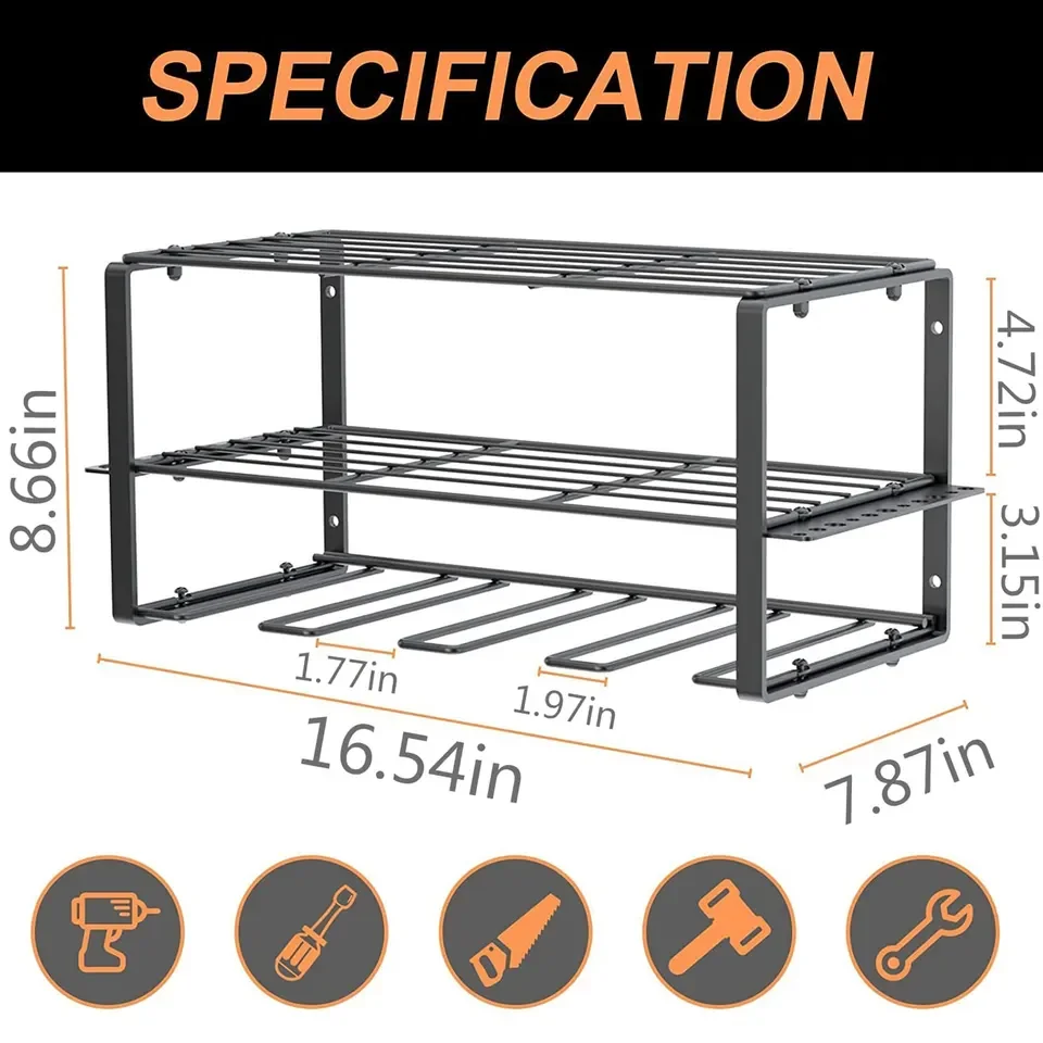 Wall Mount Power Tool Organizer, 2 Tier Heavy Duty Tool Storage Rack and 5 Slots Drill Hanger