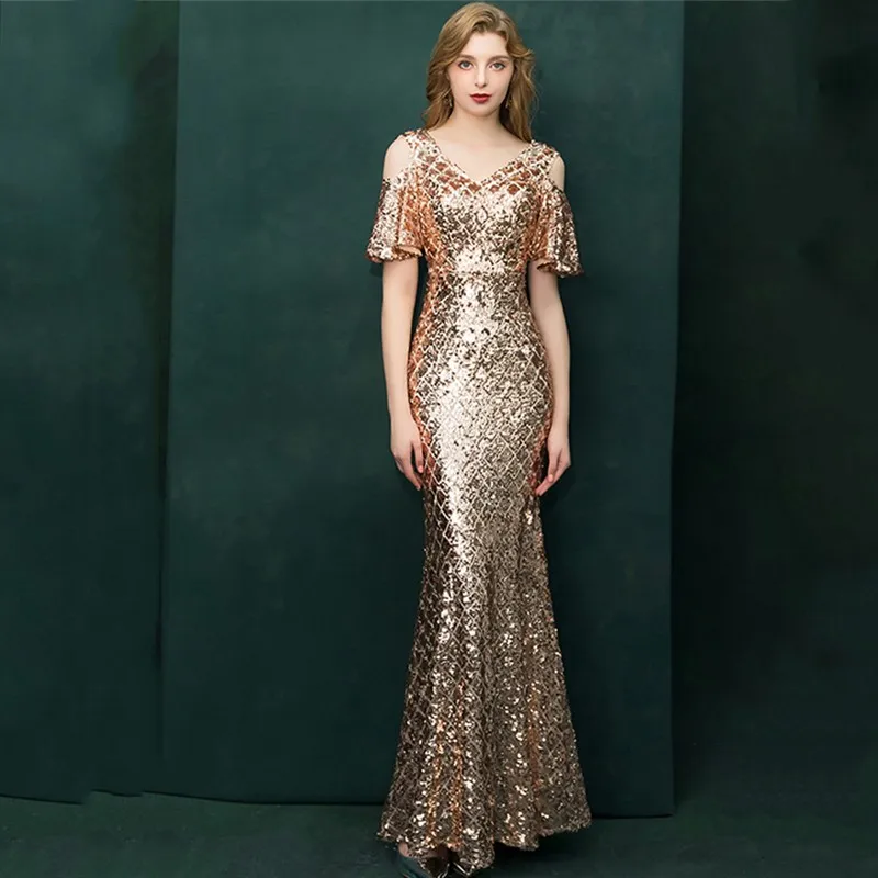 Лидер продаж, вечернее платье с V-образным вырезом, женское блестящее вечернее платье-Русалка с блестками