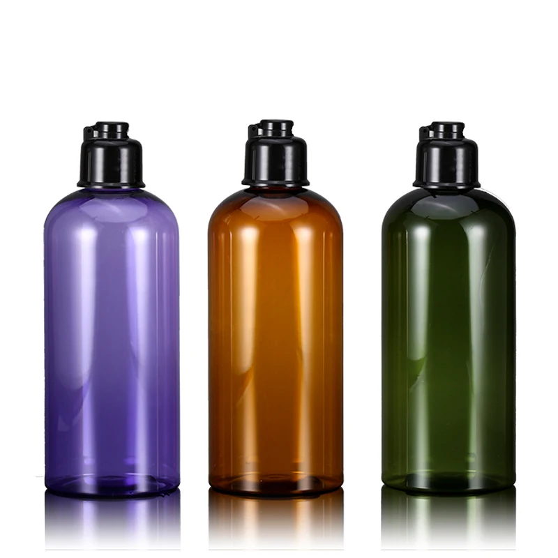 Durable  eco friendly  custom color amber cylinder 500ML plastic juice bottle purple empty pump shampoo bottle with flip cap