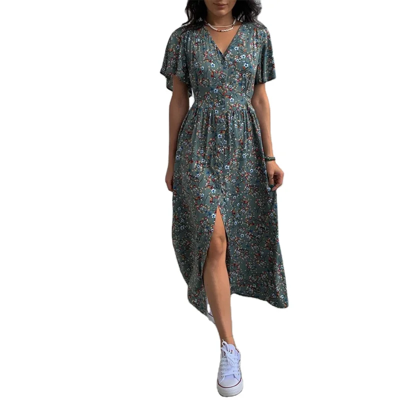 Flared Sleeve Vintage Style Floral Print Slit Women Dress Casual Design Women V Neck Dress
