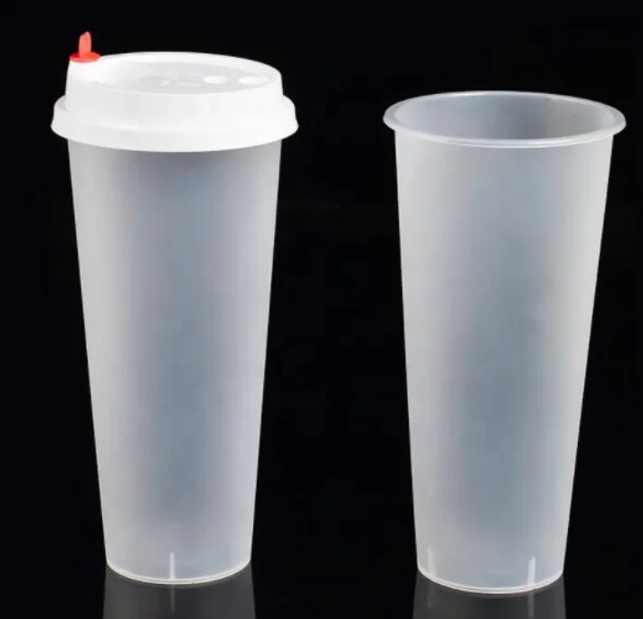 Customized logo 90 caliber matt pp hard slim cup disposable plastic frosted pp injection cups 500ml /700 ml with lid plug