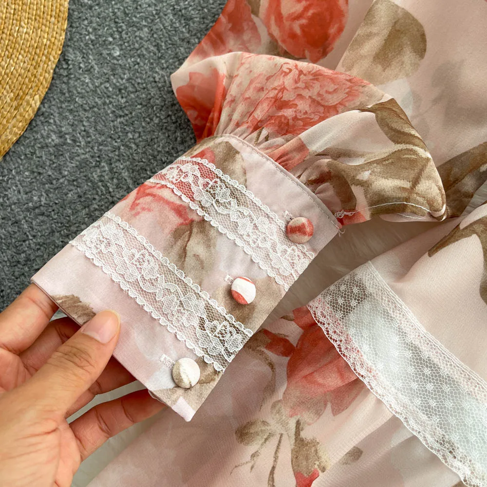 Wholesale Elegant Casual Dress Pleated Peplum Lace Printing Princess Dress Birthday Party Floral Womens Dresses