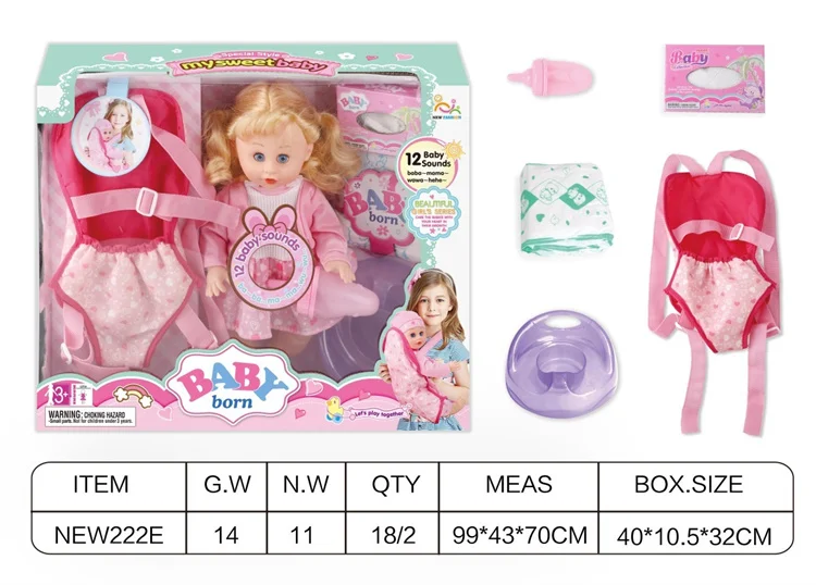 Popular Hot Sale 13 Inch English 12 Sound Ic Water Baby Dolls Toys With Urine Basin Diaper Absorbent Bottle Tissue Box Backpack