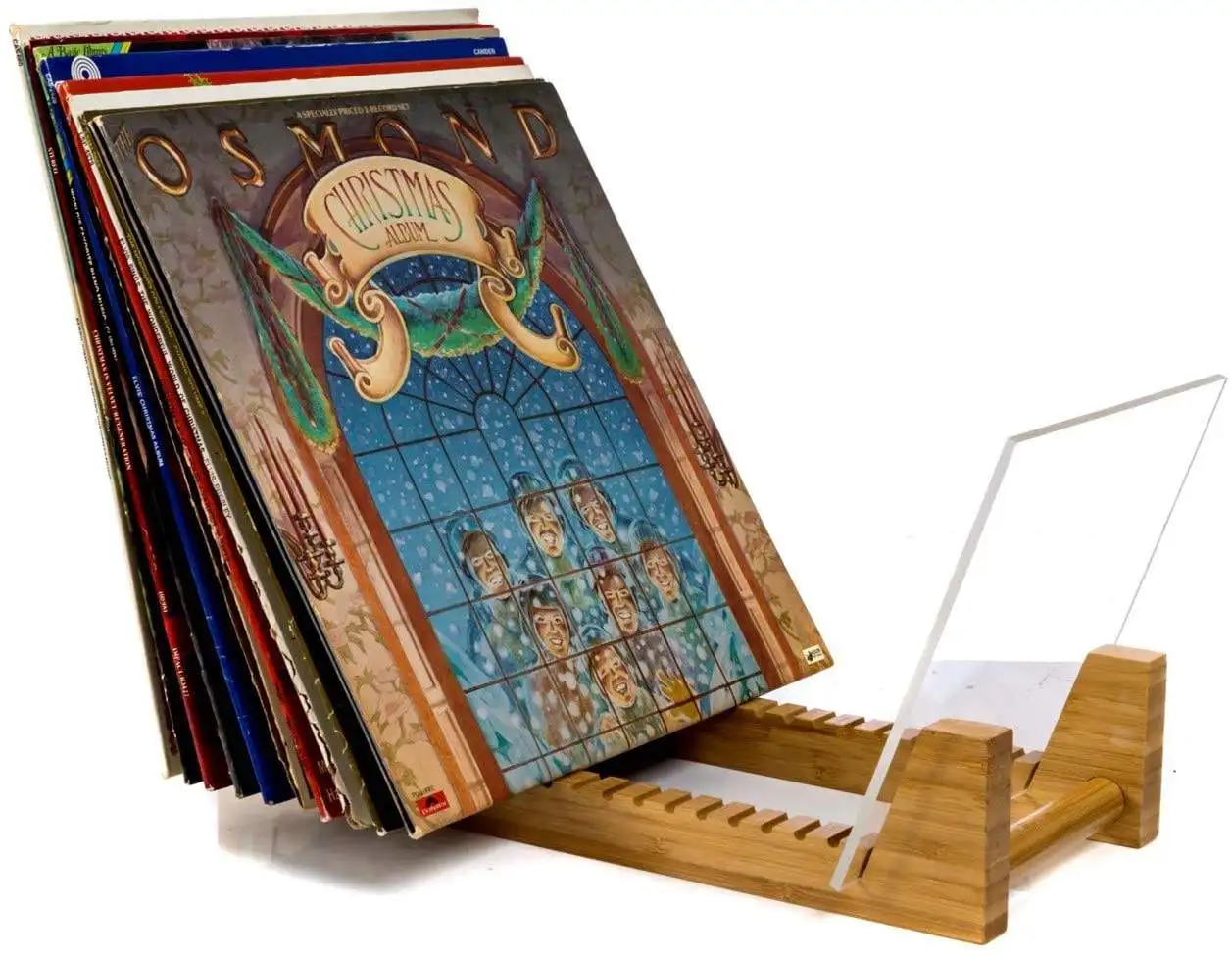 Bamboo Vinyl Record Storage Holder, Premium Bamboo and Acrylic Display Stand
