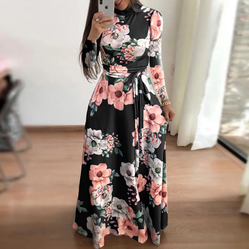 Hot wholesale new style women dress turtleneck floral long sleeve plus size  maxi dress