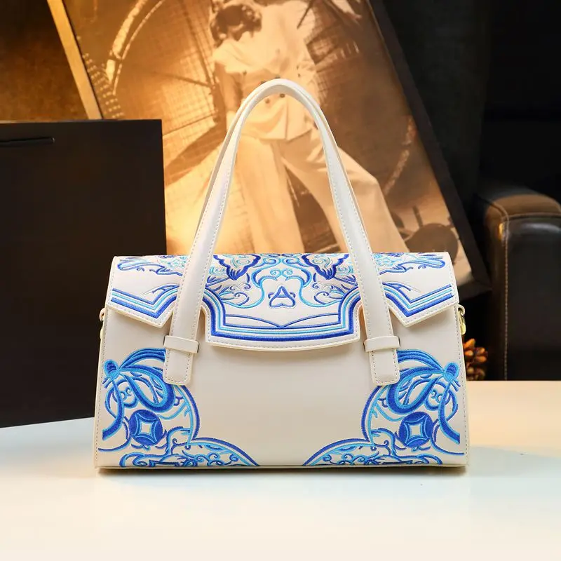 high grade leather embroidery designer zipper handbag advanced PU flower embroidery tote bags