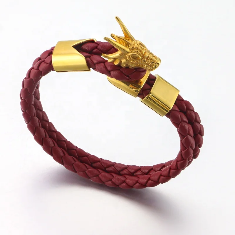 Высокий класс Клык дракона в стиле «панк» из нержавеющей стали покрытой 18K позолоченные застежки плетеный кожаный браслет для мужчин