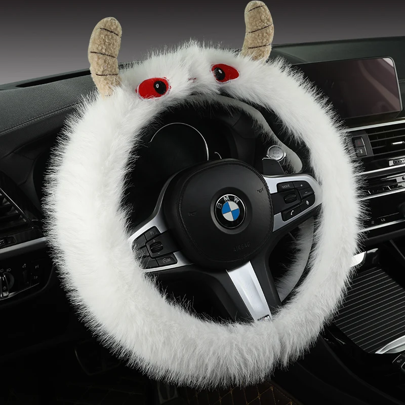 Plush Steering Wheel Cover Set, Fuzzy Car Steering Wheel Cover for Women with Fur Seat Belt Pads Furry Handbrake Cover