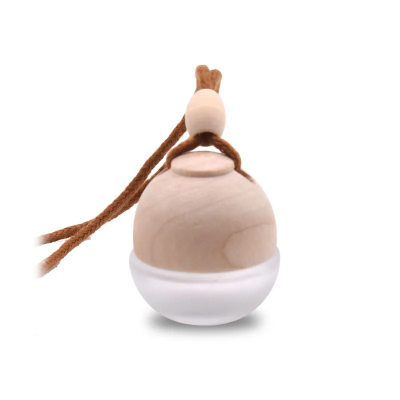 Mini cute glass wooden cap 5ml ball shape hanging car perfume bottle for car air fresh