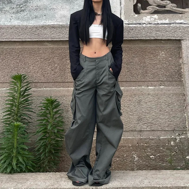 PDEP 2022 new  fashion 100% cotton wide leg pocket cargo pants women high waist loose dragging ground stacked pants for women
