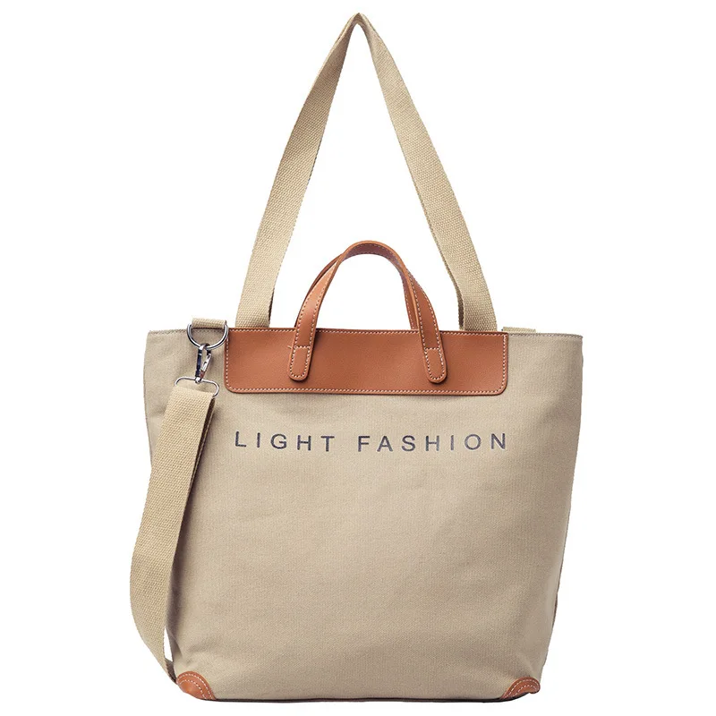 Fashion Zipper Leather Handles Canvas Handbag Tote Bag Ladies Women Handbag Canvas and Leather Tote Bag