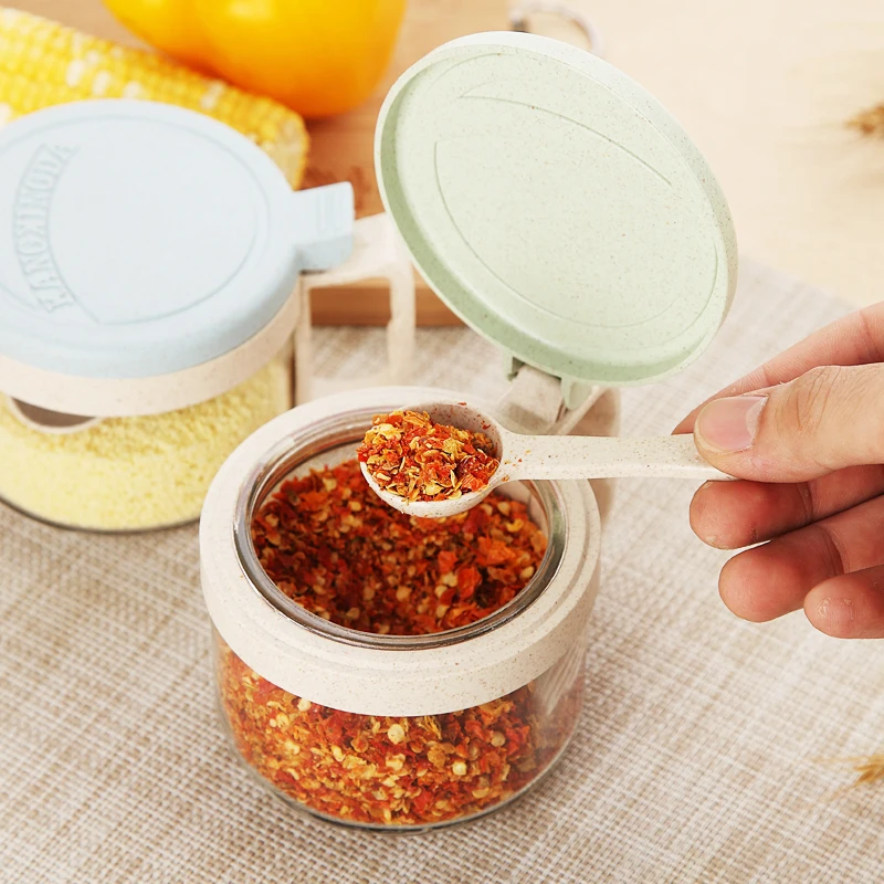 Kitchen wheat fiber 300ml*4  salt pepper sugar storage box condiment container cruet set glass seasoning jar with spoon