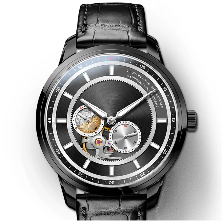 Luxury stainless steel case skeleton flywheel 24 hour show waterproof men automatic mechanical watch