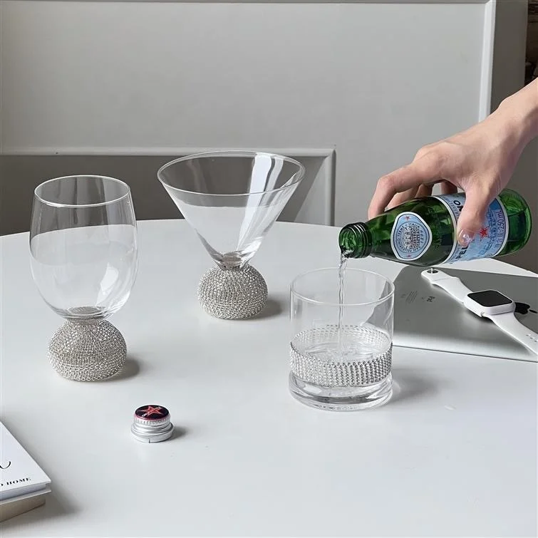 Wholesale High-end Handmade Glass Cup Diamond Studded Ball Shape Wine Glass Whiskey Glass Cup for Party Wedding