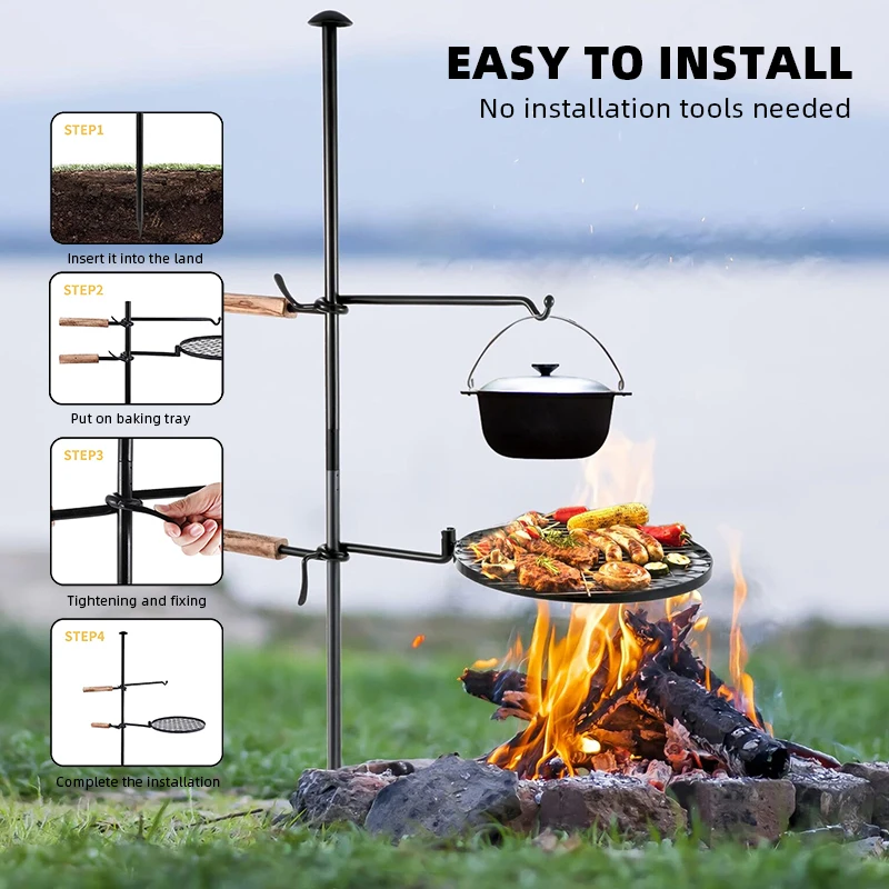Camping Steel Mesh Cooking Grate with Spike Pole for Outdoor Open Flame Cooking Dual Campfire Steel Cooking Grill Grate Swivel