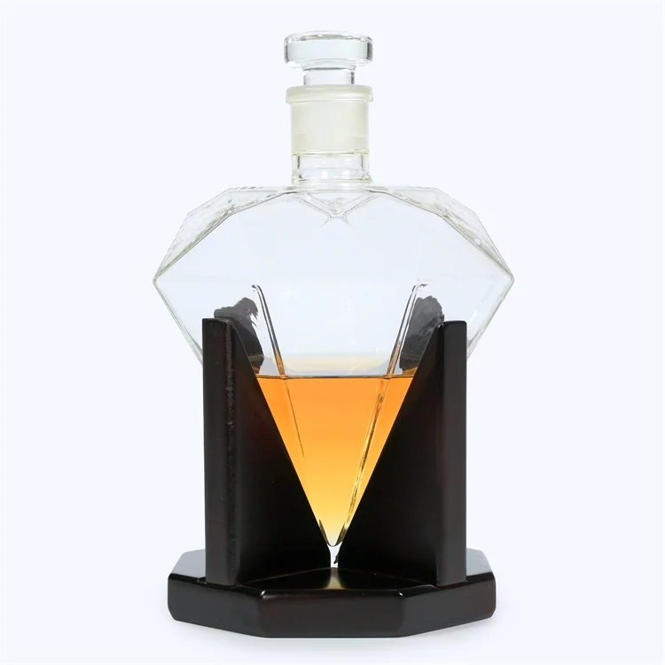 850ml Unique Diamond Shape Glass Whiskey Wine Decanter Bottle With Wood Base