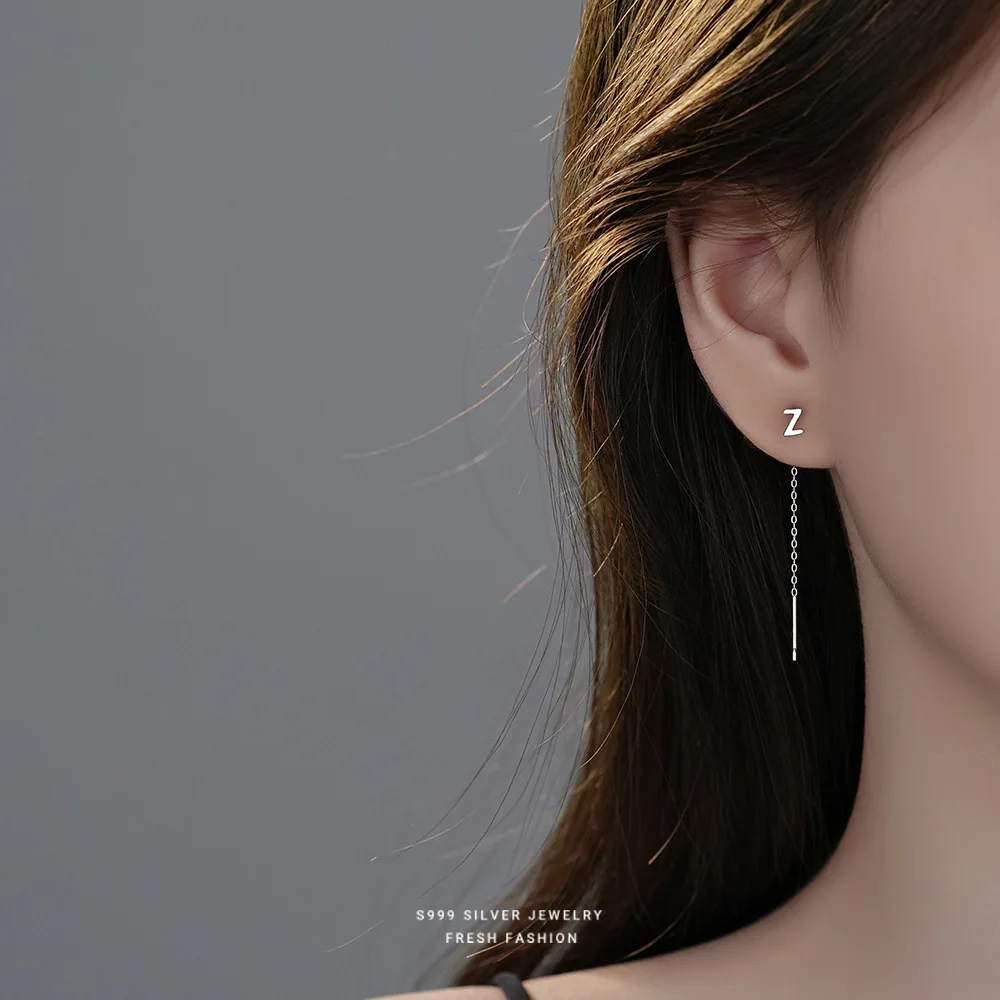 999 Pure Sterling Silver Dainty Alphabet Silver Wire Small Cute Wire Earrings For Women