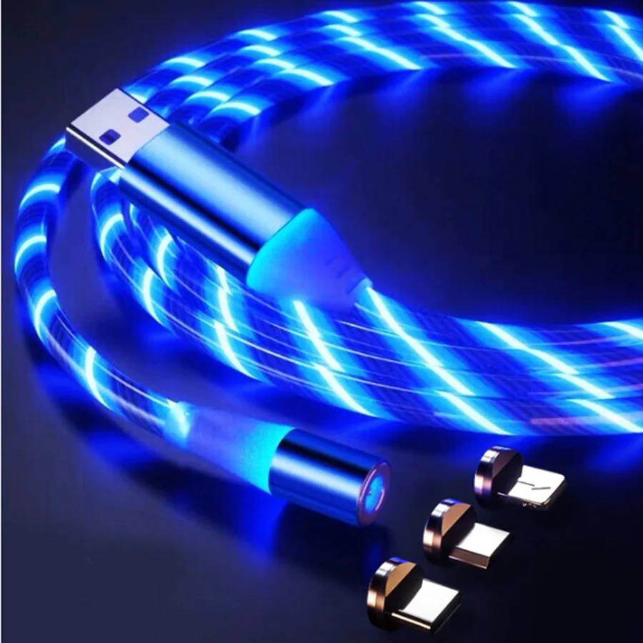 LVSHUO 3 in 1 Fast Micro Type C luminous magnetic cable flowing light micro usb cable high speed data charger cables
