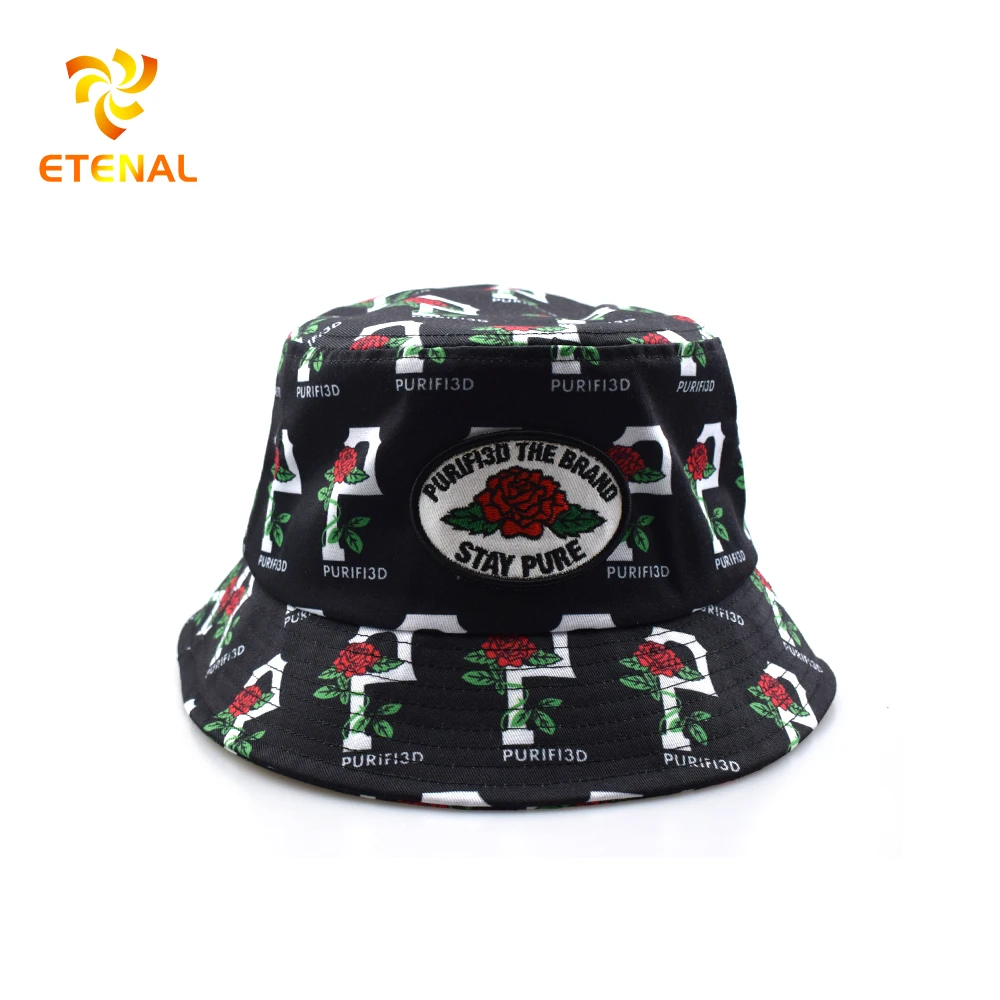 Reversible Custom Logo Allover Printed and Embroidered Cotton Fisherman Bucket Hat With Private Brand Label