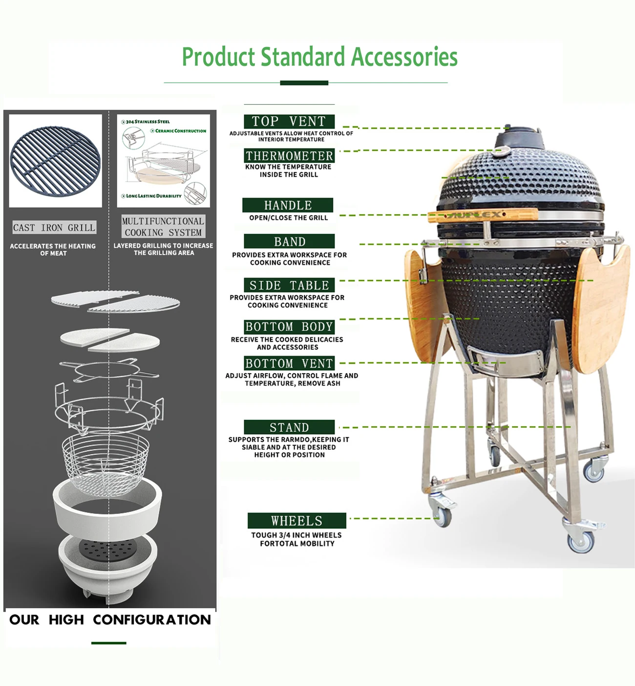 Auplex Classic Multi-functional Green Grill BBQ 21- Inch Charcoal Kamado Egg for OEM Outdoor Kitchen