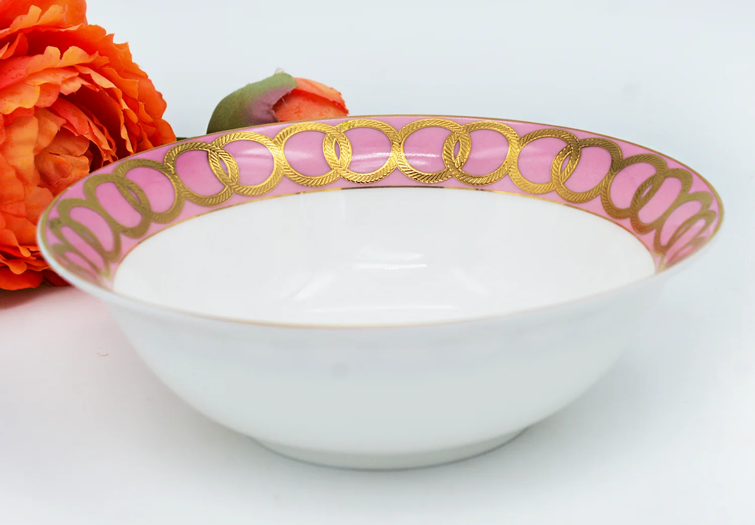 3-Piece Pink Bone China Porcelain Dinnerware Set with Gold Rim Classic Design Girlhood Dream Dishes for Girls