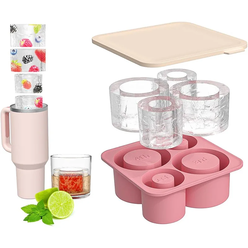 Custom Silicone Stackable Ice Cube Tray 4 pcs Hollow Silicone Cylinder Easy Release Ice Maker for Ice Drink, Whiskey, Cocktail